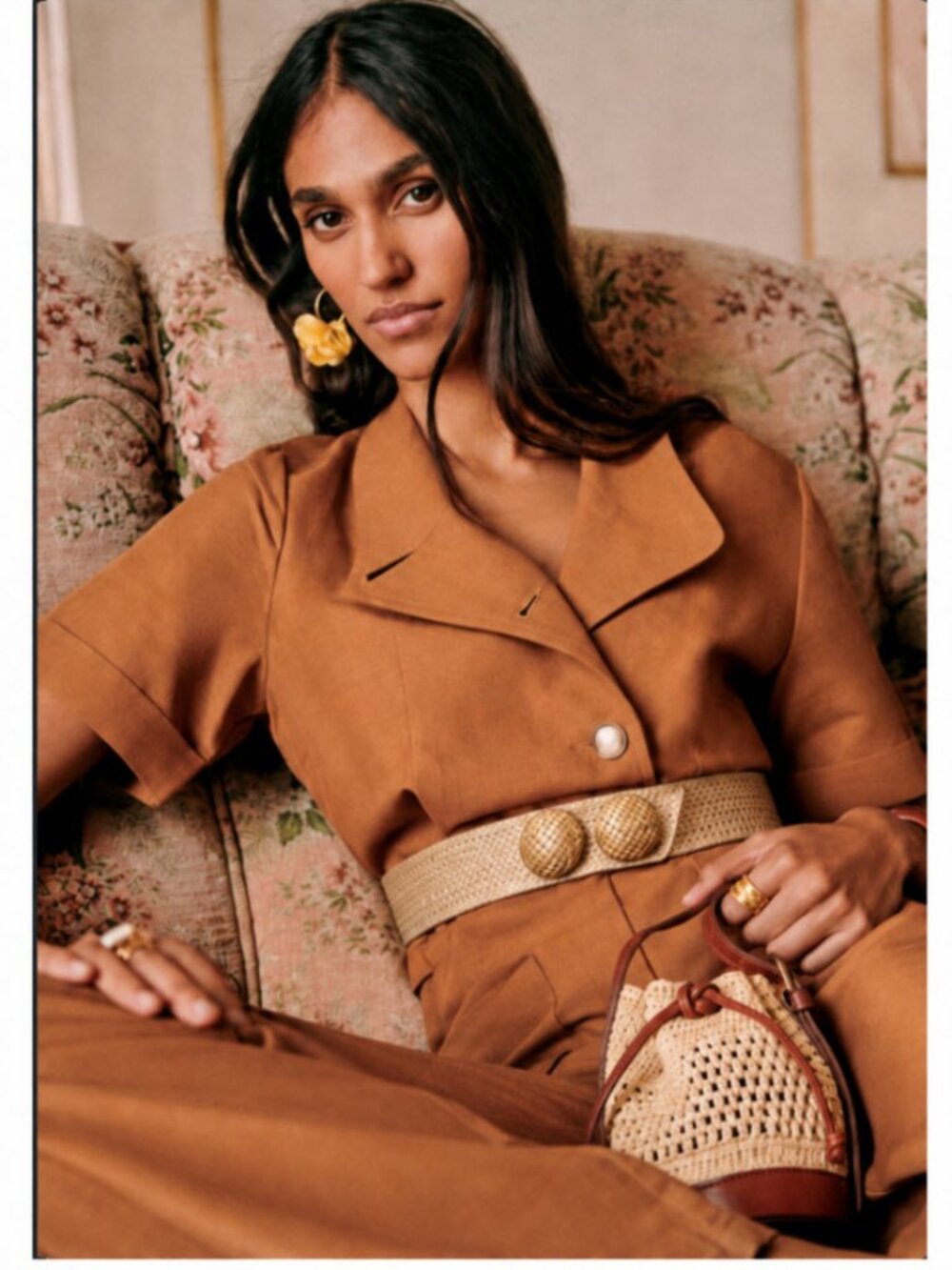 Sézane Uma Camel Linen Cotton Jumpsuit FR 36 US 4 French Chic Preppy Designer